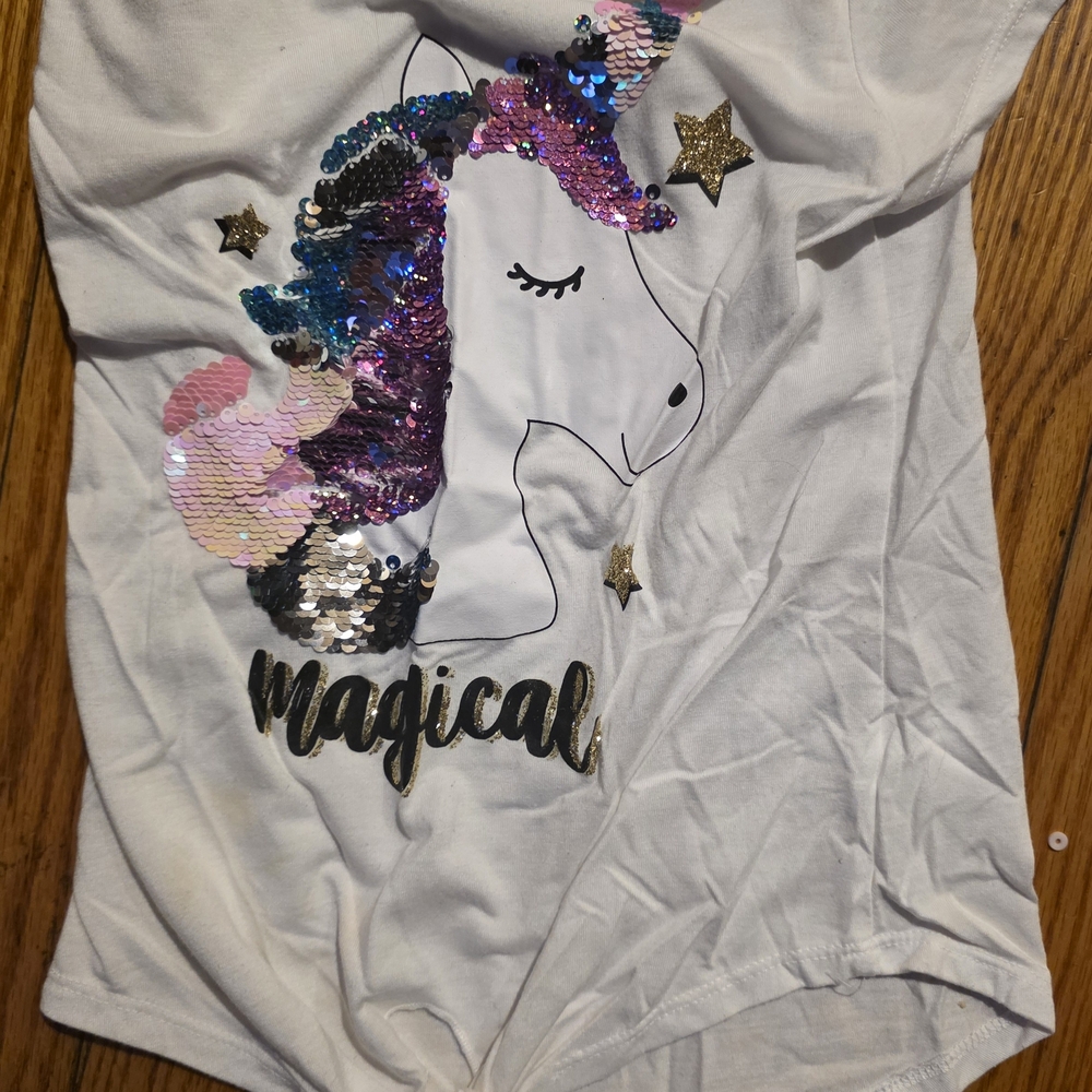 Beautees White Unicorn Sequin Tee with Multicolor Mane